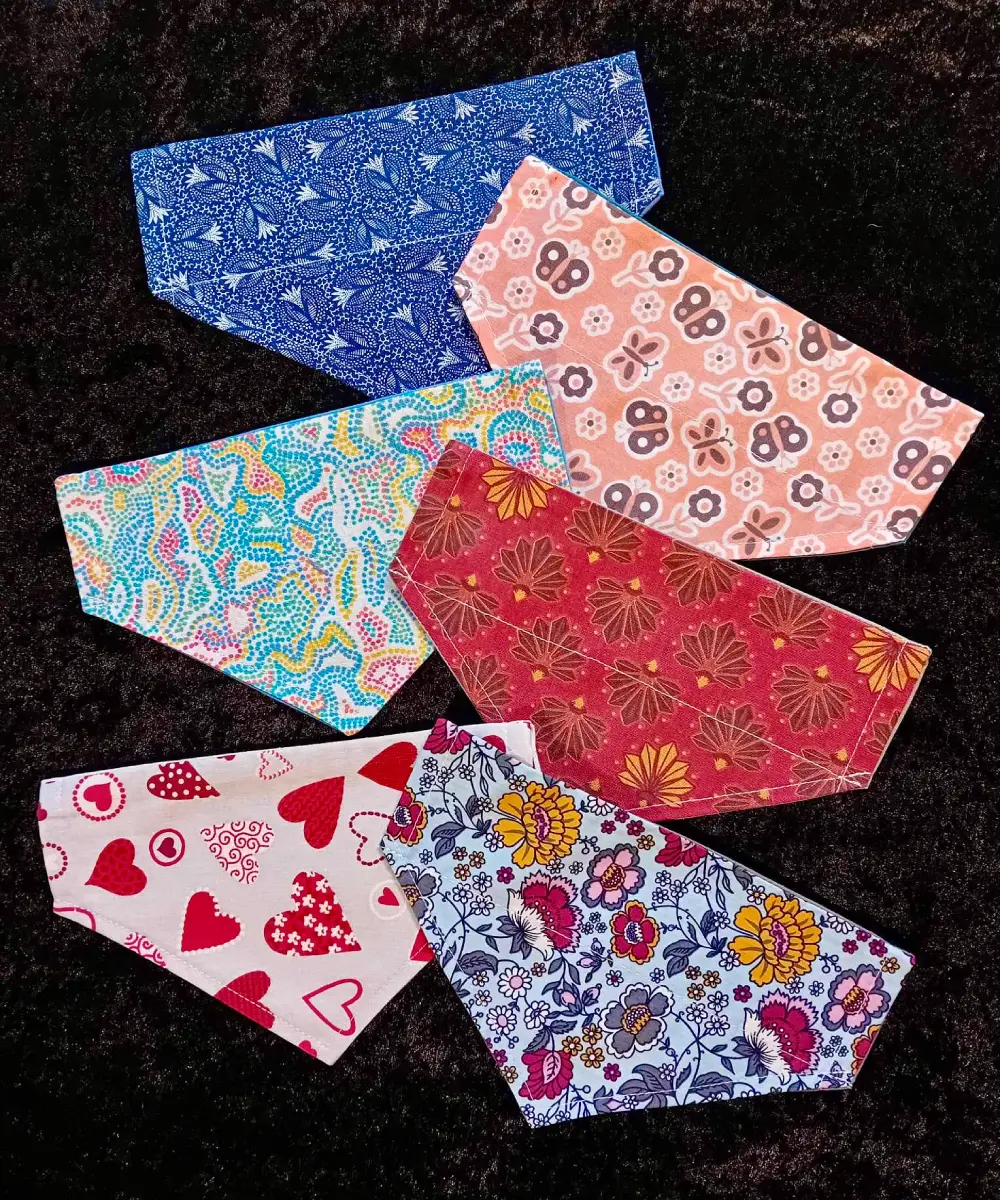 Présentation de divers bandanas pour chiens, sobres ou colorés. Bandanas à glisser dans le collier.
