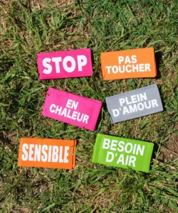 Ensemble de scratchs pour chiens de couleur avec des messages écrits. A fixer sur laisses, colliers ou harnais. Faits main en France.