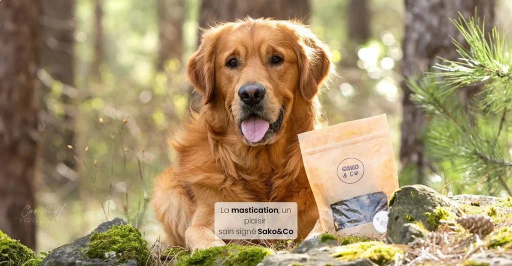 Golden retriever avec un sachet de mastications et friandises naturelles de la marque Sako&Co. Idéales pour combiner avec les jeux de fouille Leenia.