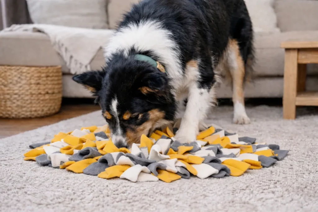Chien utilisant un jeu de fouille pour chien pour stimuler son odorat