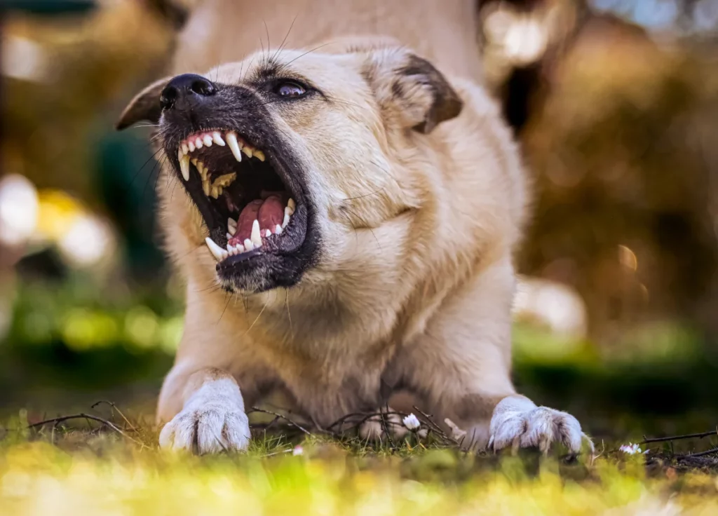 Chien réactif qui grogne et montre les crocs.