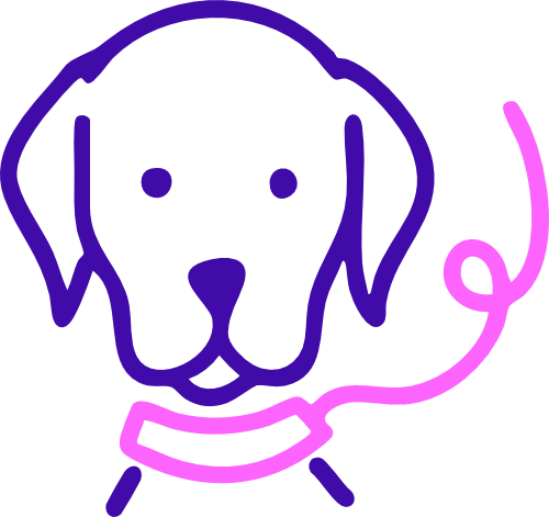 Icône de chien avec un collier et une laisse artisanaux. Icône créé pour Leenia, entreprise française artisanale de création d'accessoires, jouets et jeux de fouille pour chiens.