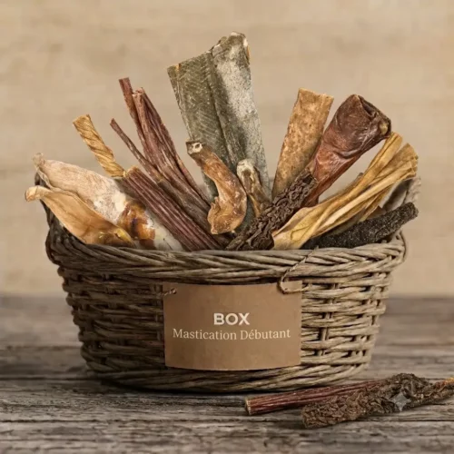 Box de mastications naturelles pour chien débutant: agneau, lapin, poulet, boeuf, poisson