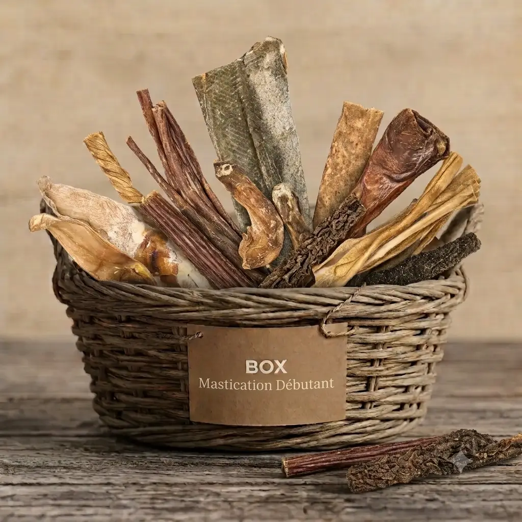 Box de mastications naturelles pour chien débutant: agneau, lapin, poulet, boeuf, poisson