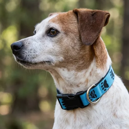 Collier pour chien motif pattounes bleu et noir porté par un jack russel. Collier pour chien en sangle tissée, réglable, fait main en France par Leenia.