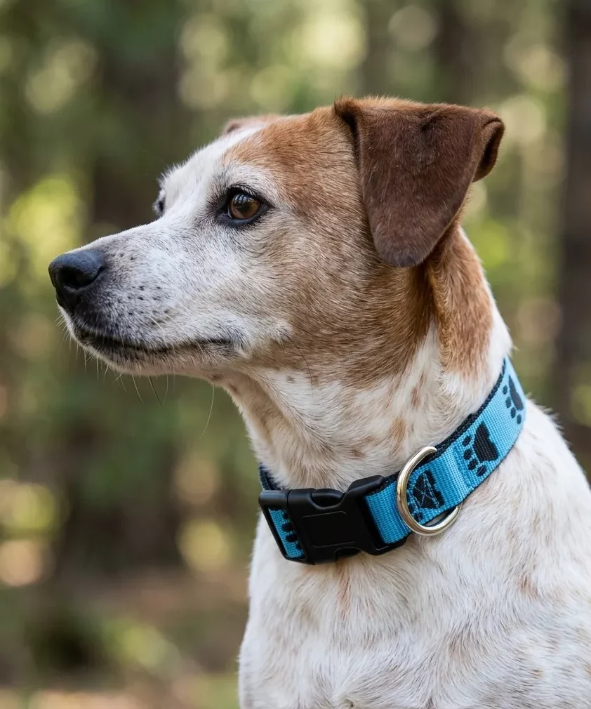 Collier pour chien motif pattounes bleu et noir porté par un jack russel. Collier pour chien en sangle tissée, réglable, fait main en France par Leenia.