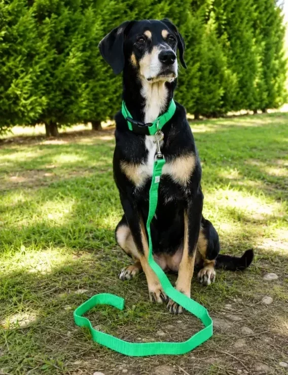 Chien noir et feu qui porte un collier et une laisse pour chien motif Coloré. Ensemble en sangle verte. Créations artisanales française de marque Leenia.