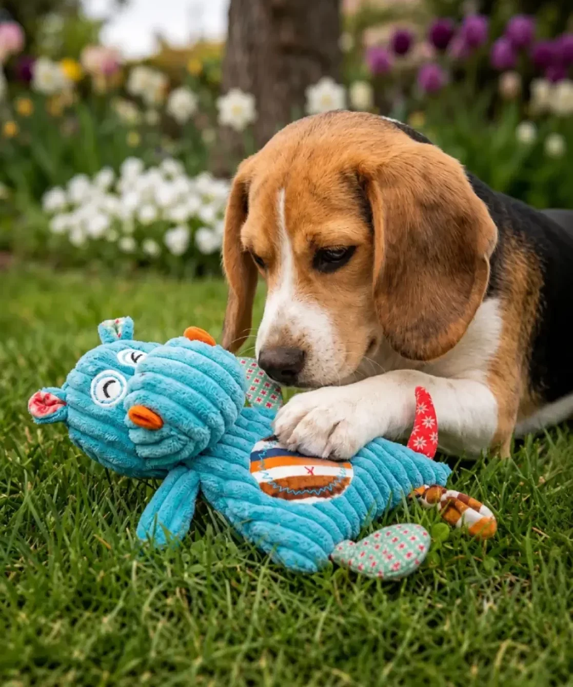 Peluche hippopotame pour chien de marque Bubimex douce et sonore. Couineur intégré dans la tête et papier bruissant dans le corps. Beagle en train de jouer avec.