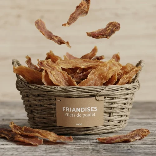 Friandise naturelle pour chien appétente et saine : filets de poulet séchés