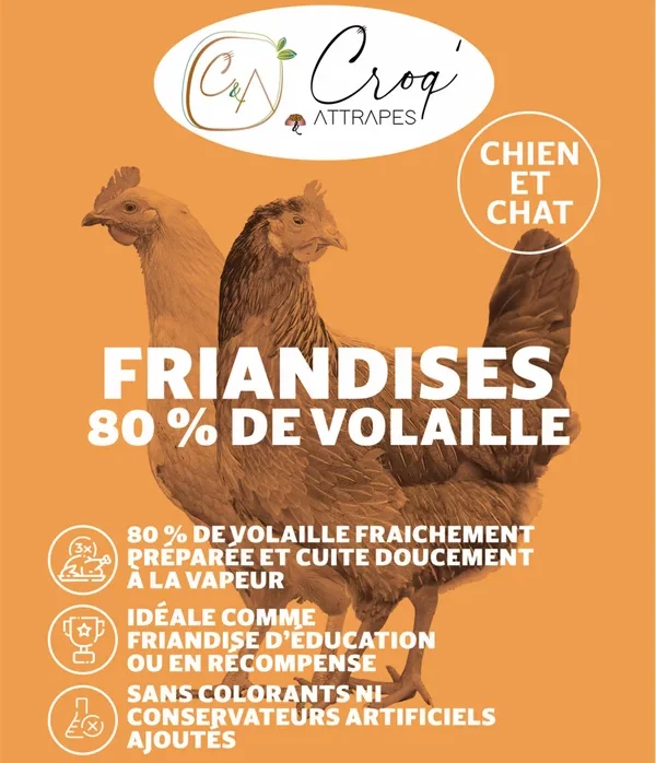 Friandises naturelles pour chien à la volaille fraîche: poulet, canard et dinde. Fabrication française de Croq & Attrapes.