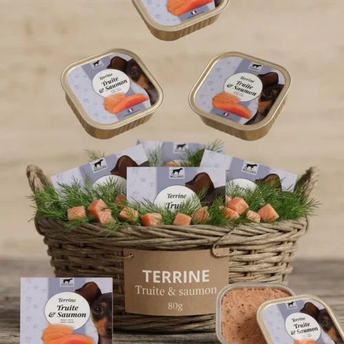 Terrine pour chien à la truite et au saumon. Patée pour chien fabriquée en France, au poisson, sans céréales et sans colorants artificiels. Marque William's.