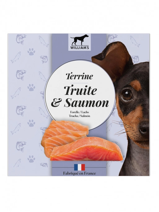 Terrine pour chien de marque William's fabriquée en France à la truite et au saumon. Patée pour chien sans colorants artificiels et sans céréales.