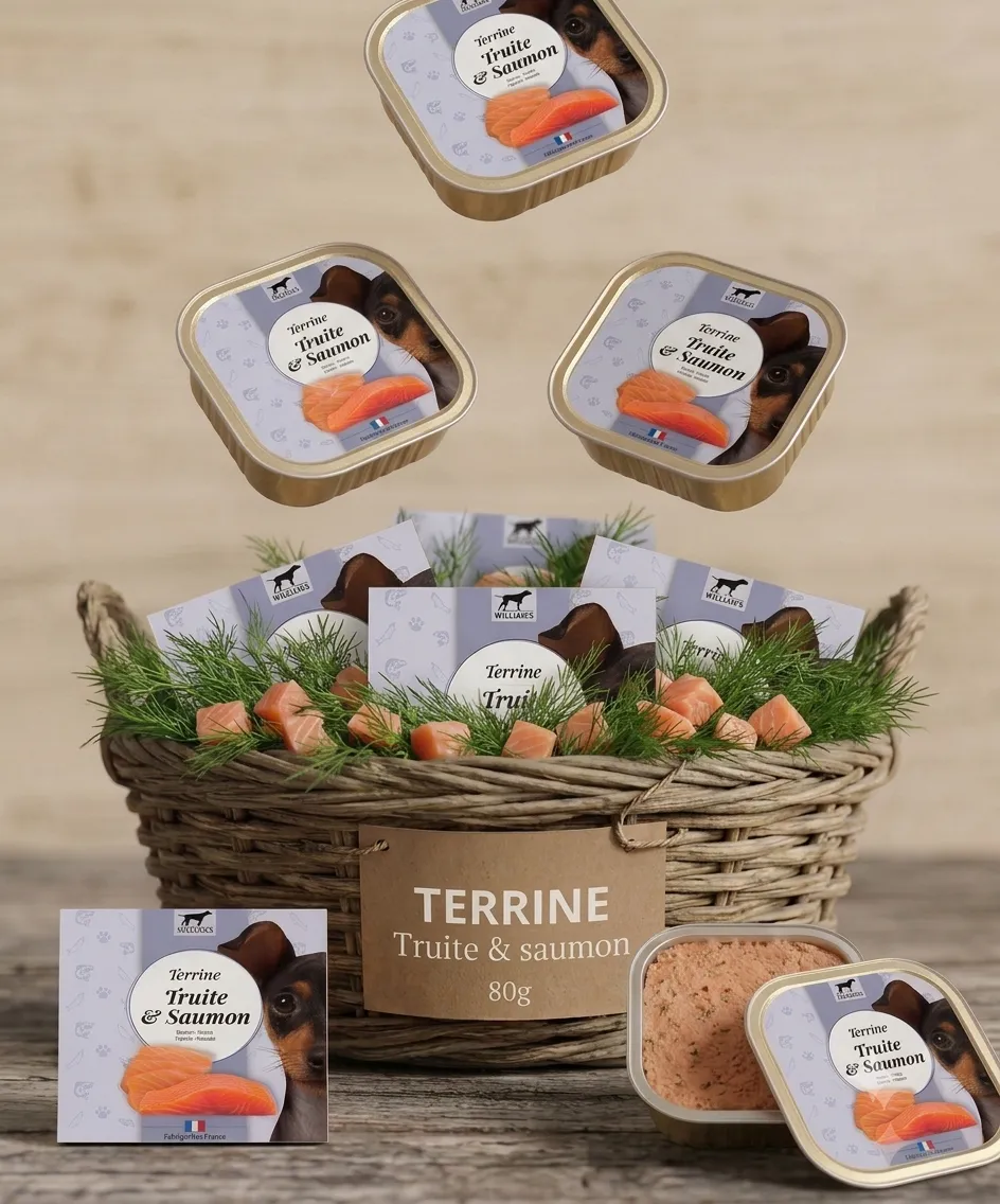 Terrine pour chien à la truite et au saumon. Patée pour chien fabriquée en France, au poisson, sans céréales et sans colorants artificiels. Marque William's.